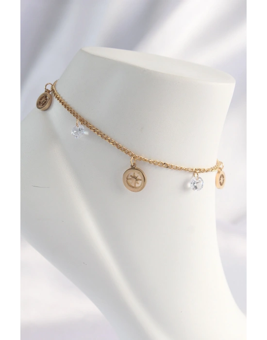 316L Çelik Gold Renk Zirkon Taşlı Yıldızlı Halhal