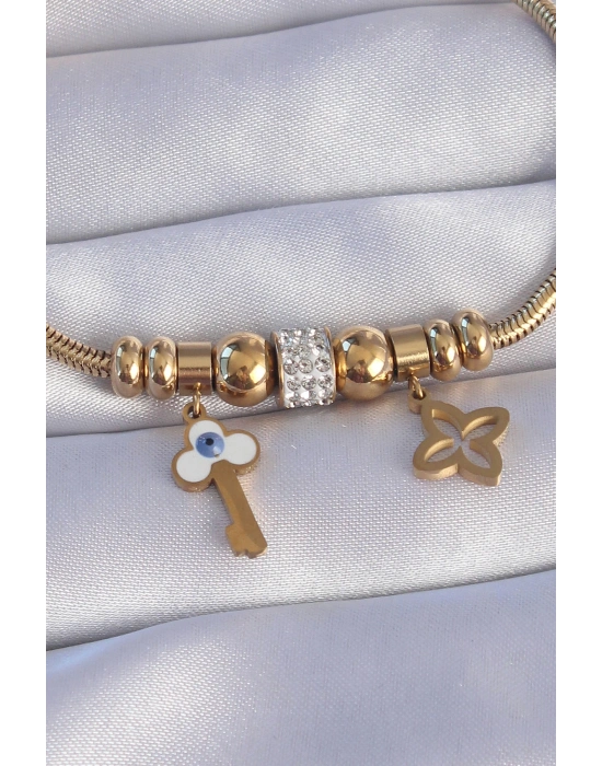 316L Çelik Gold Renk Zirkon Taşlı Yonca Detay Nazarlı Anahtar Tasarımlı Bileklik