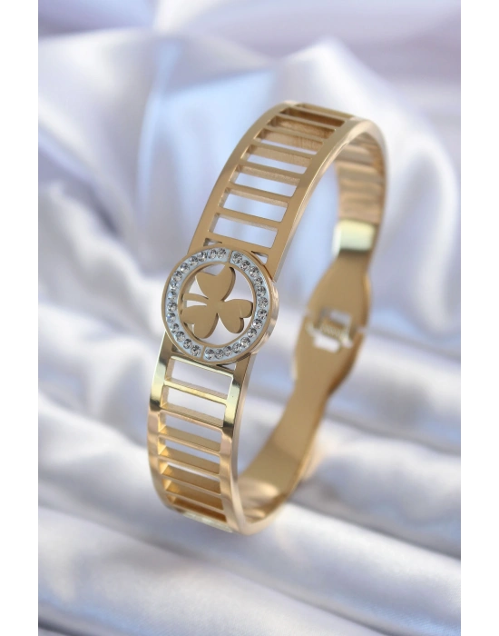 316L Çelik Gold Renk Zirkon Taşlı Yonca Model Kadın Kelepçe