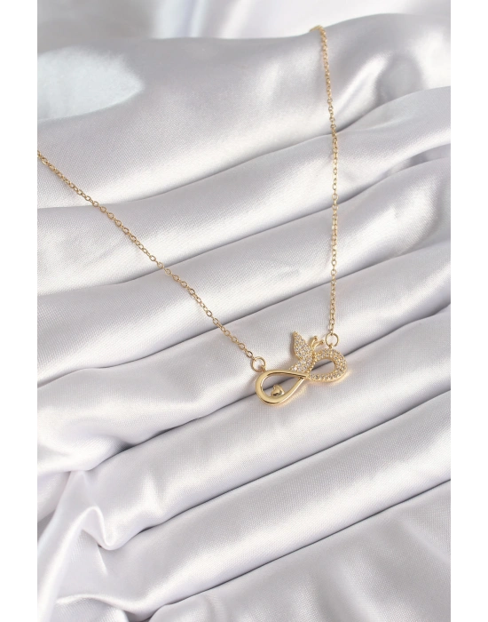 316L Çelik Gold Renk Zirkon Zincir Taşı Sonsuzluk Kelebek Model Kadın Kolye