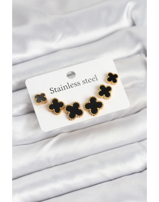 316L Çelik Gold Siyah Renk 3 Boy Yonca Küpe Seti