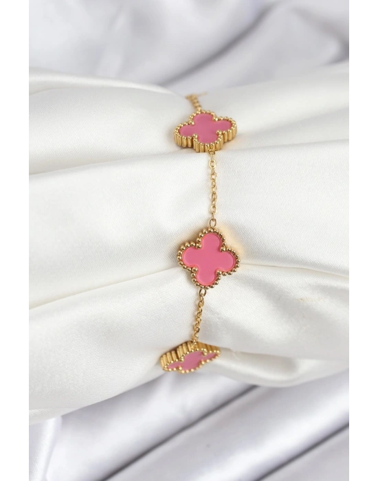 316L Çelik Gold Zincir Pembe Yonca Renk Bileklik