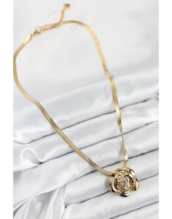 316L Çelik Gül Figürlü İtalyan Zincir Model Gold Renk Kadın Kolye