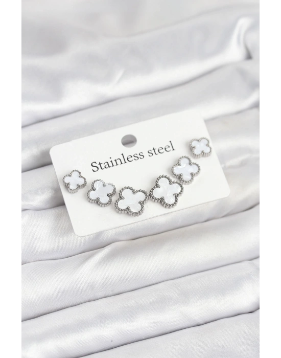 316L Çelik Gümüş Beyaz Renk 3 Boy Yonca Küpe Seti