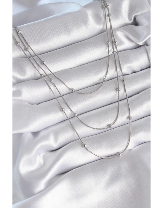 316L Çelik Gümüş Renk 3lü Topçuk Detay Kadın Kolye