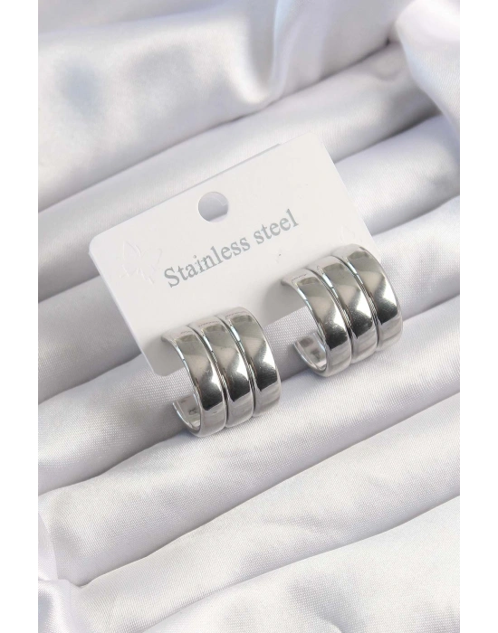 316L Çelik Gümüş Renk 3lü Görünüm Bombe Model Yarım Halka Küpe