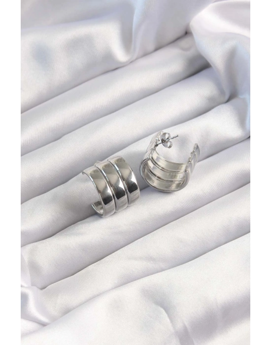 316L Çelik Gümüş Renk 3lü Görünüm Bombe Model Yarım Halka Küpe