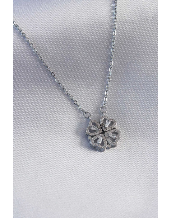 316L Çelik Gümüş Renk Açılır Yonca Model Kadın Kolye