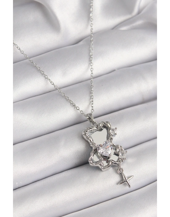 316L Çelik Gümüş Renk Ayna Ayıcık Model Zirkon Taşlı Kalp Detay Kadın Kolye