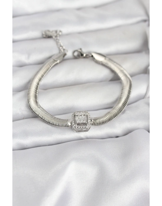 316L Çelik Gümüş Renk Baget Zirkon Taşlı Yılan Zincirli Kadın Bileklik