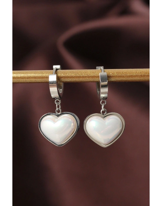 316L Çelik Gümüş Renk Beyaz Bombeli Kalp Küpe