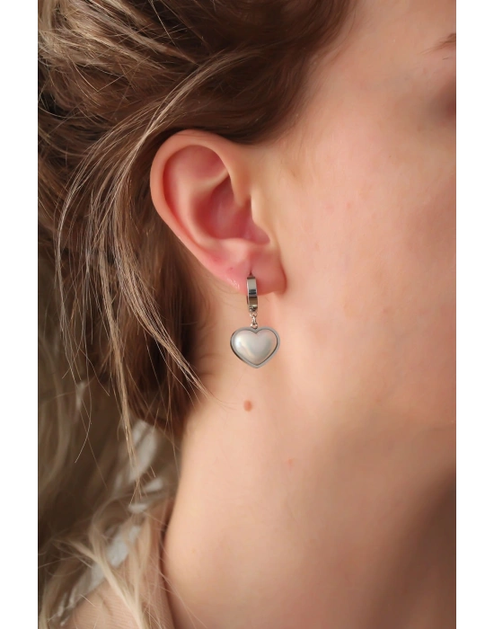 316L Çelik Gümüş Renk Beyaz Bombeli Kalp Küpe