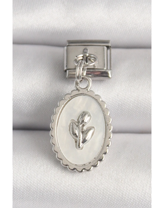 316L Çelik Gümüş Renk Beyaz Mineli Çiçek İşlemeli Nomination Charm