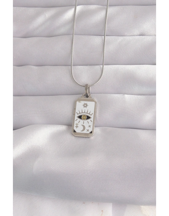 316L Çelik Gümüş Renk Beyaz Mineli Göz Figür Tarot Kolye
