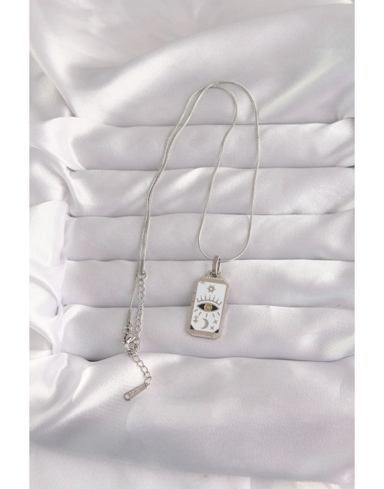 316L Çelik Gümüş Renk Beyaz Mineli Göz Figür Tarot Kolye