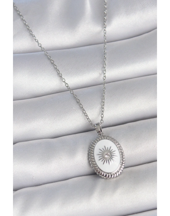 316L Çelik Gümüş Renk Beyaz Mineli Güneş İşlemeli Nazar Boncuk Detay Madalyon Model Kadın Kolye