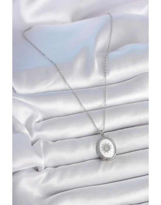 316L Çelik Gümüş Renk Beyaz Mineli Güneş İşlemeli Nazar Boncuk Detay Madalyon Model Kadın Kolye