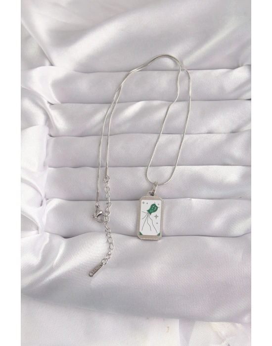 316L Çelik Gümüş Renk Beyaz Mineli Tarot Kolye