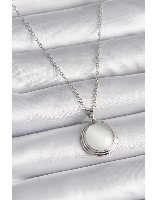 316L Çelik Gümüş Renk Beyaz Sedefli Daire Model Kadın Kolye