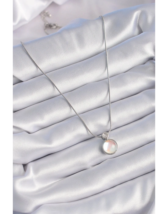 316L Çelik Gümüş Renk Beyaz Sedefli Vintage Model Kadın Kolye