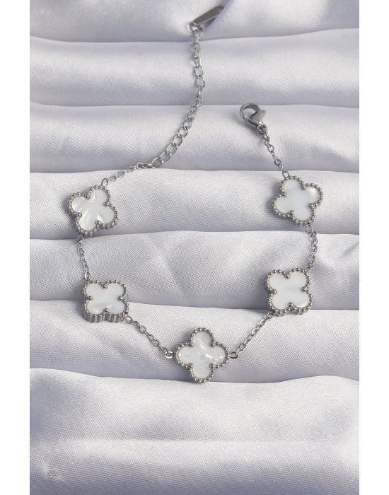 316L Çelik Gümüş Renk Beyaz Sedefli Yonca Bileklik