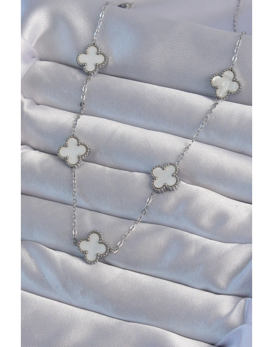 316L Çelik Gümüş Renk Beyaz Sedefli Yonca Kolye