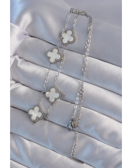 316L Çelik Gümüş Renk Beyaz Sedefli Yonca Kolye