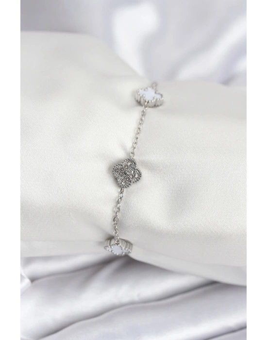 316L Çelik Gümüş Renk Beyaz ve Zirkon Taşlı Baby Boy Yonca Kadın Bileklik