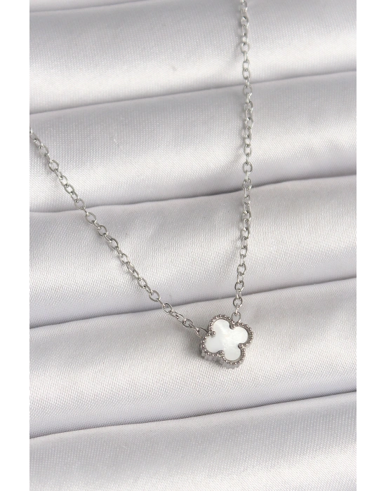 316L Çelik Gümüş Renk Beyaz Yonca Model Kadın Kolye