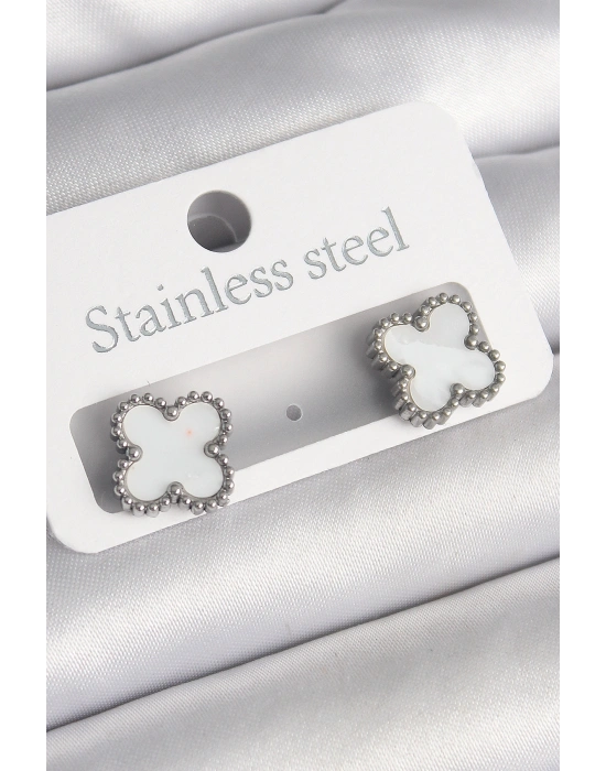 316L Çelik Gümüş Renk Beyaz Yonca Model Kadın Küpe