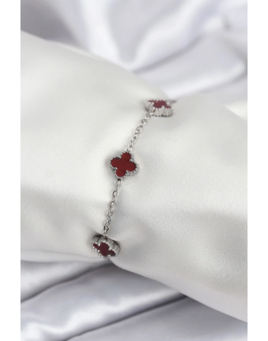 316L Çelik Gümüş Renk Bordo Baby Boy Yonca Kadın Bileklik