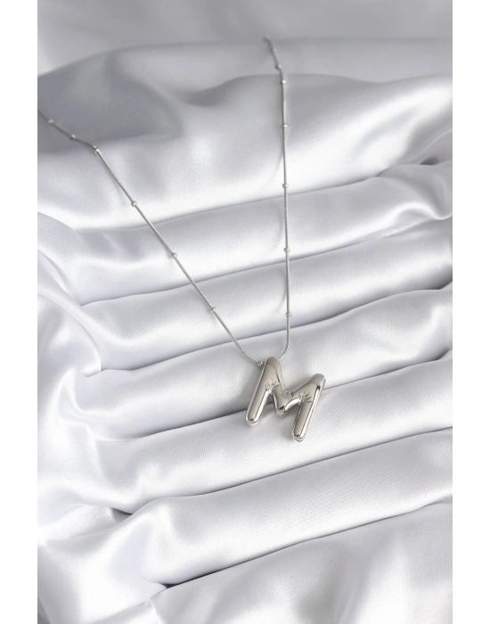 316L Çelik Gümüş Renk Bubble M Harf Model Kadın Kolye