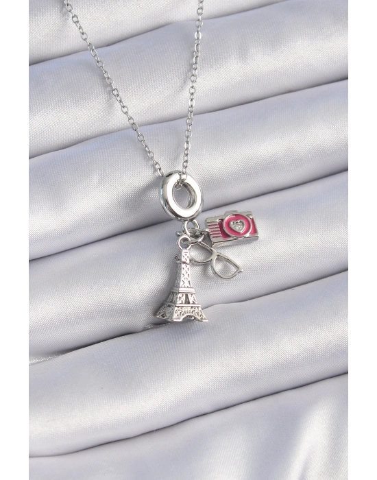 316L Çelik Gümüş Renk Eyfel Kule Fotoğraf Makinesi Model Charm Kadın Kolye