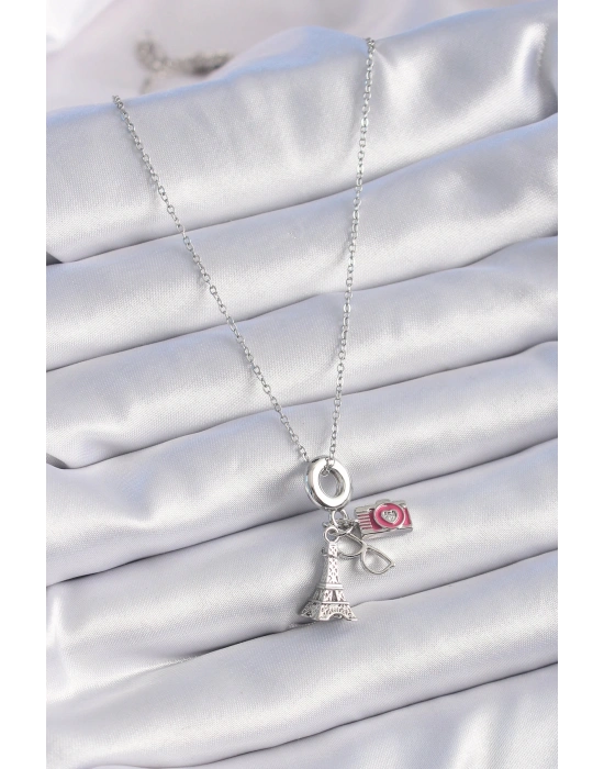 316L Çelik Gümüş Renk Eyfel Kule Fotoğraf Makinesi Model Charm Kadın Kolye