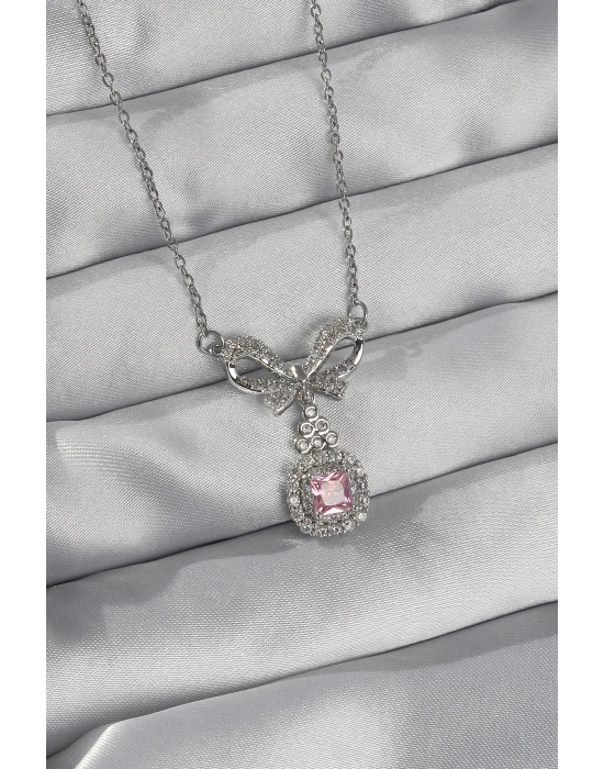 316L Çelik Gümüş Renk Fiyonk Detay Pembe Zirkon Taşlı Tektaş Kolye