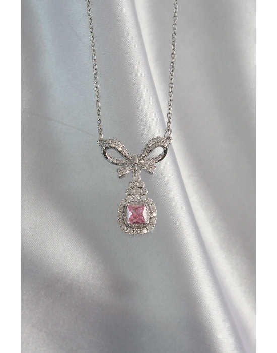 316L Çelik Gümüş Renk Fiyonk Detay Pembe Zirkon Taşlı Tektaş Kolye