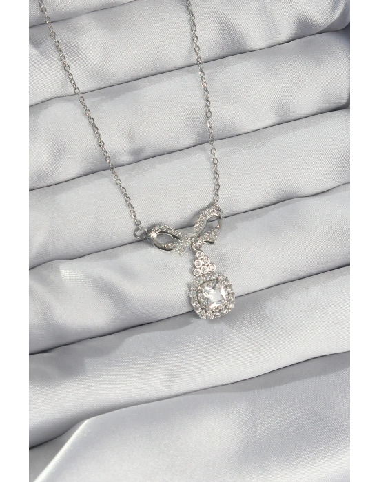 316L Çelik Gümüş Renk Fiyonk Detay Zirkon Taşlı Tektaş Kolye