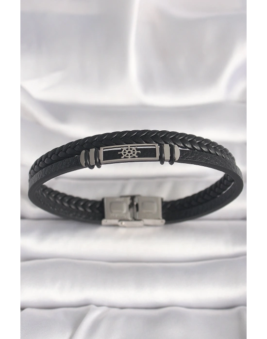 316L Çelik Gümüş Renk Gemi Dümeni Figür Siyah Burgu Deri Kordon Model Erkek Bileklik