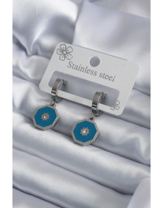 316L Çelik Gümüş Renk Geometrik Model Zirkon Taş Detay Kadın Küpe