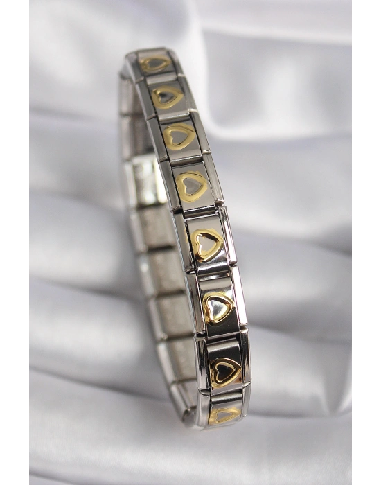 316L Çelik Gümüş Renk Gold Kalp İşleme Nomination Model Kadın Bileklik