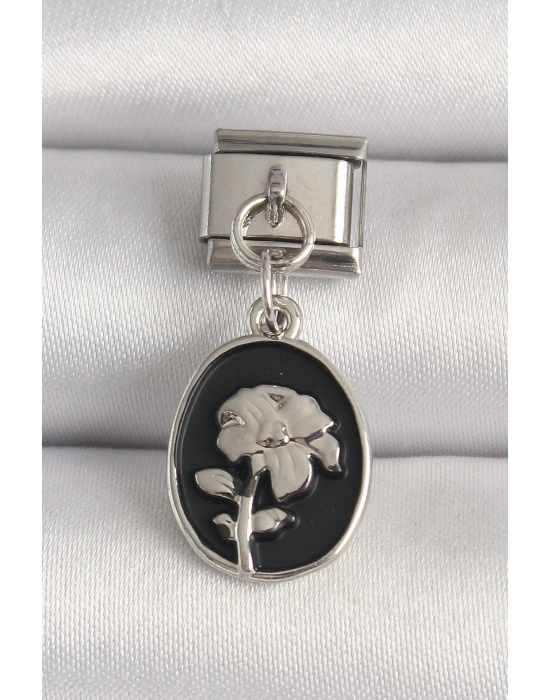 316L Çelik Gümüş Renk Gümüş Çiçek İşlemeli Siyah Portre Model Nomination Charm