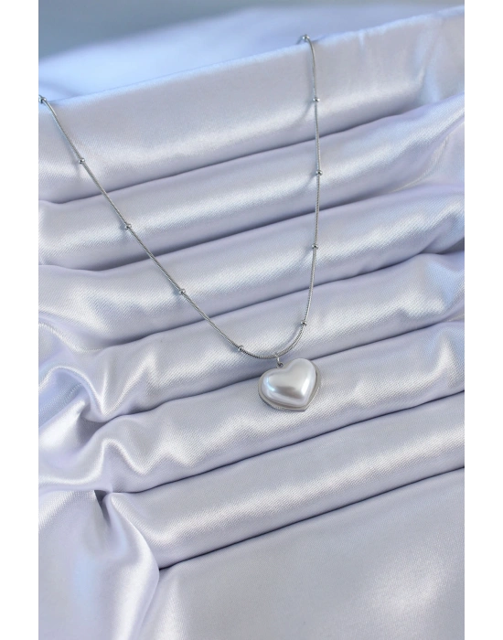 316L Çelik Gümüş Renk İncili Kalp Model Minimal Top Detay Kadın Kolye