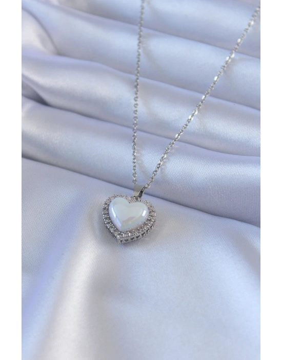 316L Çelik Gümüş Renk İncili Kalp Model Zirkon Taşlı Kadın Kolye