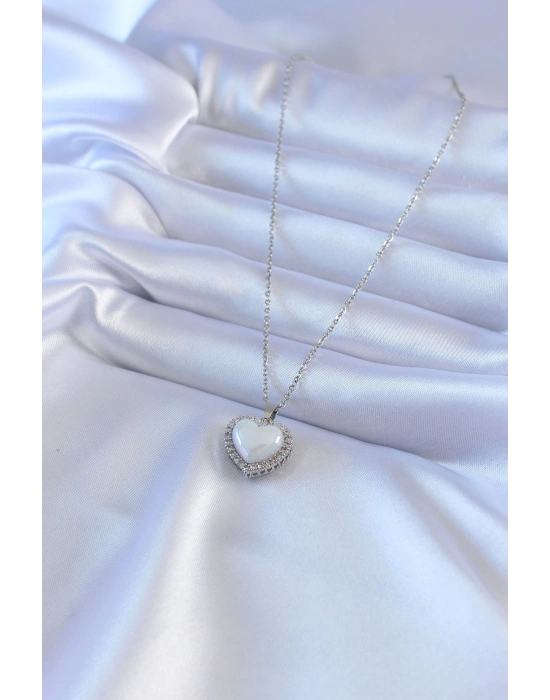 316L Çelik Gümüş Renk İncili Kalp Model Zirkon Taşlı Kadın Kolye