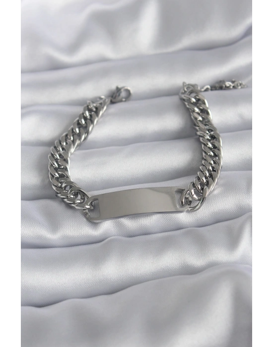 316L Çelik Gümüş Renk İsim Yazılabilir Plaka Model Kadın Bileklik