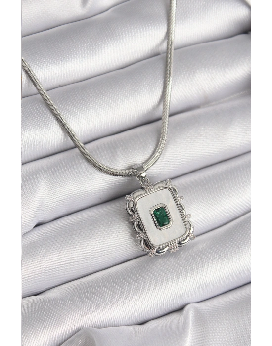 316L Çelik Gümüş Renk İtalyan Zincir Beyaz Sedefli Kare Portre Model Zümrüt Taş Detay Kadın Kolye