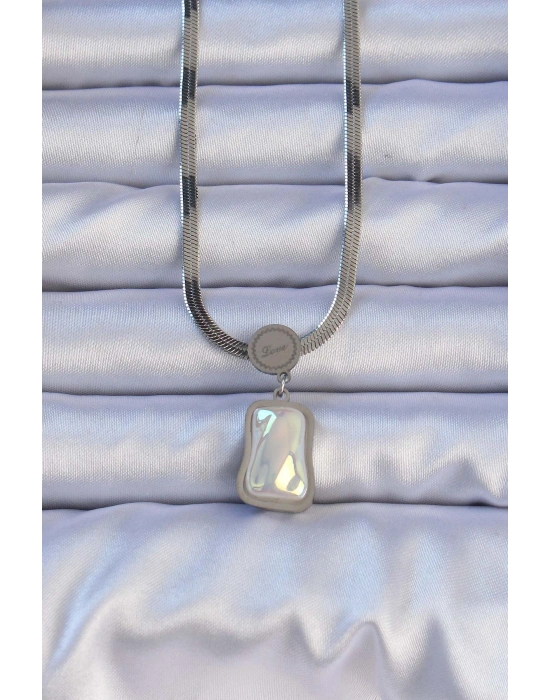 316L Çelik Gümüş Renk İtalyan Zincir Ezme Taşlı Kolye