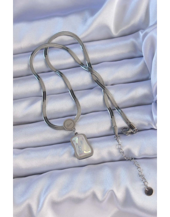 316L Çelik Gümüş Renk İtalyan Zincir Ezme Taşlı Kolye