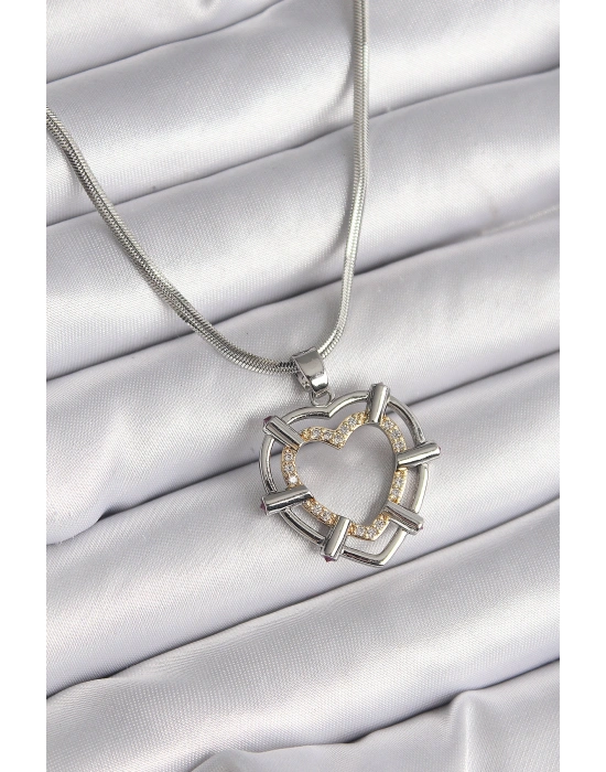 316L Çelik Gümüş Renk İtalyan Zincir Mix Renk Zirkon Taş Detay Kalp Model Kadın Kolye