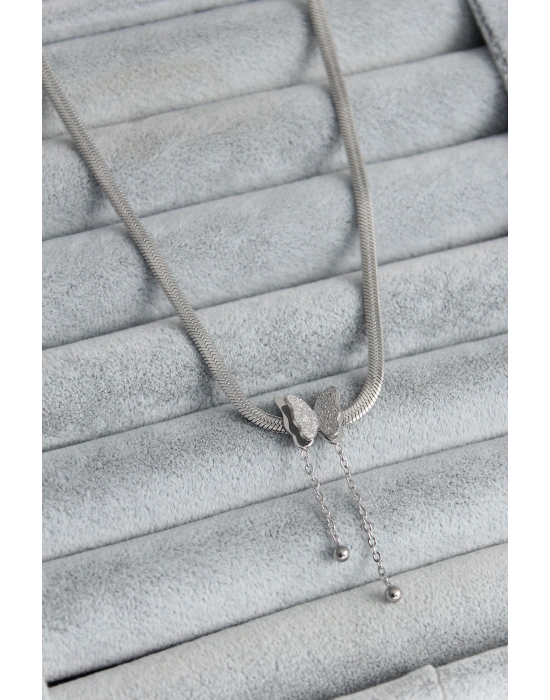 316L Çelik Gümüş Renk İtalyan Zincir Model Simli Kelebek Figür Kadın Kolye